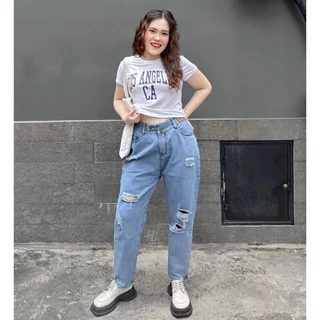 OOTD BIGSIZE | Quần baggy jean lưng chun rách đính logo