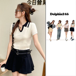 Áo len nữ ngắn tay cổ bẻ áo dệt kim cổ polo phối viền nổi bật dáng ngắn croptop phong cách nữ sinh N-20