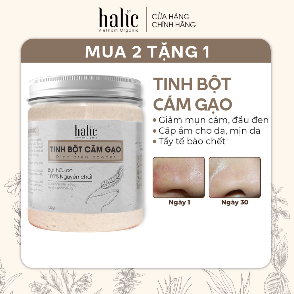 Tinh bột Cám Gạo đắp mặt nạ nguyên chất Halic Organic 125G dưỡng trắng da, tẩy da chết toàn thân hiệu quả