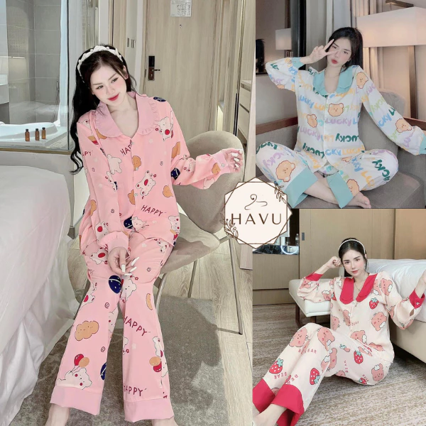 Bộ pijama cho nữ TAY DÀI HAVU SHOP cổ sen - Đồ bộ mặc nhà dễ thương tay dài quần dài nhiều họa tiết