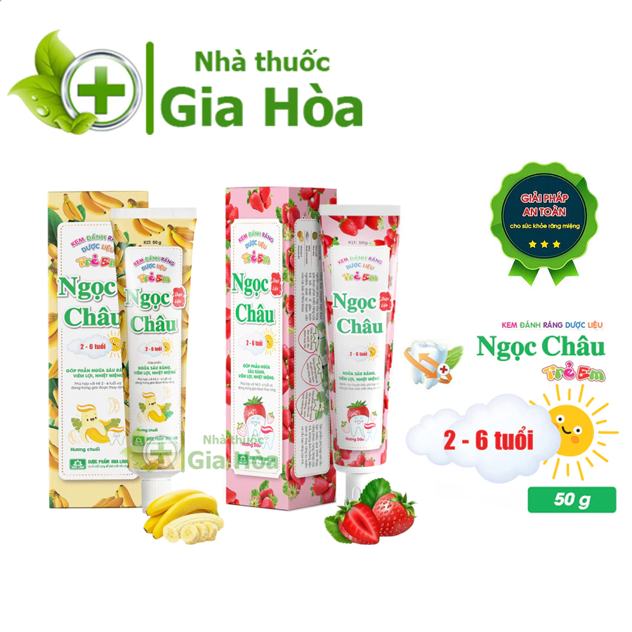 Kem đánh răng dược liệu Ngọc Châu trẻ em (Dâu, chuối) (dành cho bé từ 2 - 6 tuổi) ngừa sâu, nhiệt miệng, nướu chắc khỏe