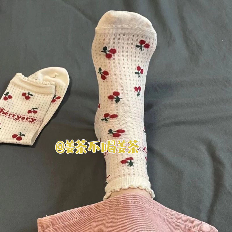 Tất Nữ Siêu Dễ Thương Anh Đào Miệng Bong Bóng Ren Công Chúa Tất Hoạt Hình Giữa Bắp Chân Đống Tất Lưới Thoáng Khí tất