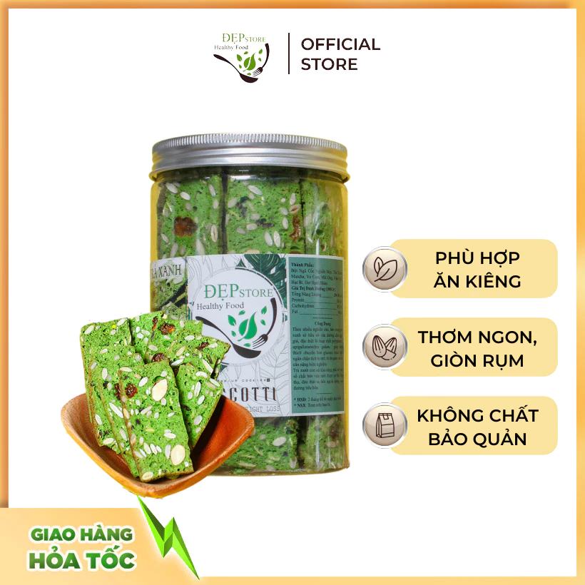 Bánh BISCOTTI Nguyên Cám Vị Matcha Đẹp Store - Bánh Ngũ Cốc Nướng Ăn Kiêng Không Đường