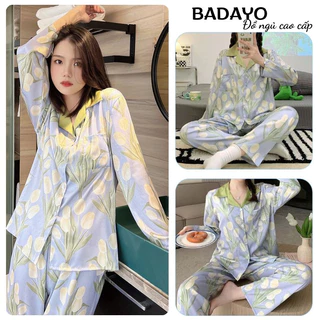 Bộ ngủ nữ pijama dài tay hoa xanh chất lụa đẹp mềm mượt sang trọng hàng Quảng Châu cao cấp BADAYO