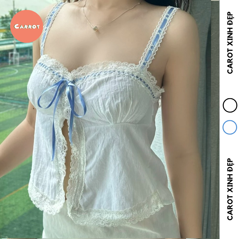 Áo Croptop Kiểu 2 Dây Sexy Hở Trước Cực Xinh - Áo 2 Dây Viền Ren Có Thắt Nơ Xinh Xắn Dễ Phối Đồ | Carrotxinhdep