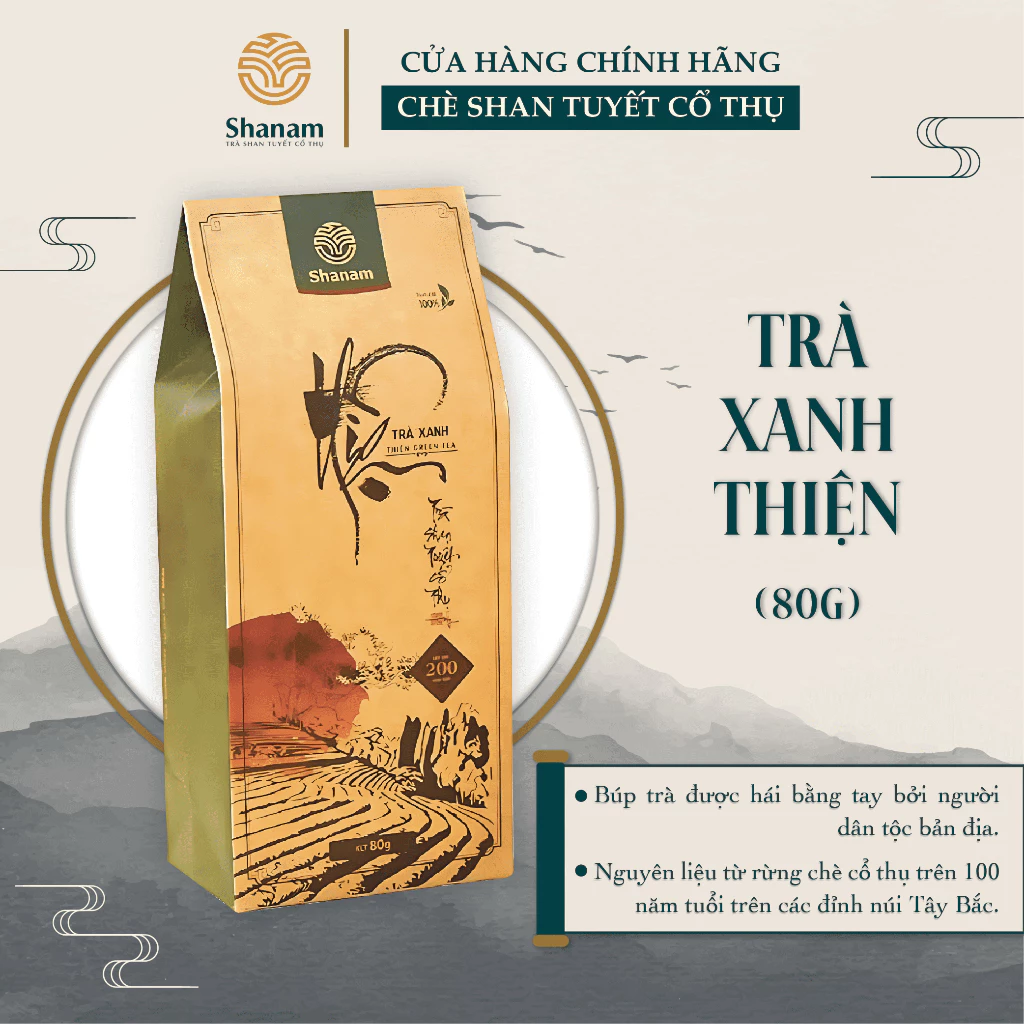 Trà Xanh Thiện, Lục Trà Shan Tuyết Cổ Thụ Tự Nhiên Túi 80g và hộp 80g- Shanam