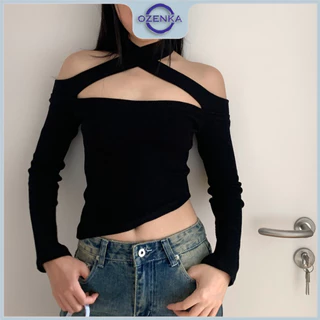 Áo croptop trễ vai tay dài vạt chéo OZENKA , áo crt nữ ôm body gợi cảm sang chảnh không nhăn màu trơn đen trắng