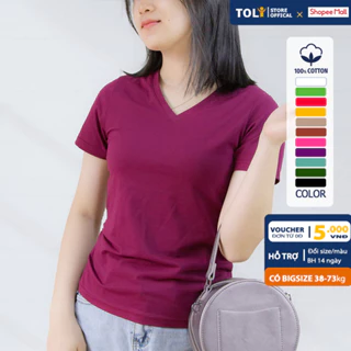 Áo thun cổ tim nữ TOLI màu trơn, vải cotton 4 chiều, dáng suông bigsize [ từ 59kg - 85kg ] BSA24