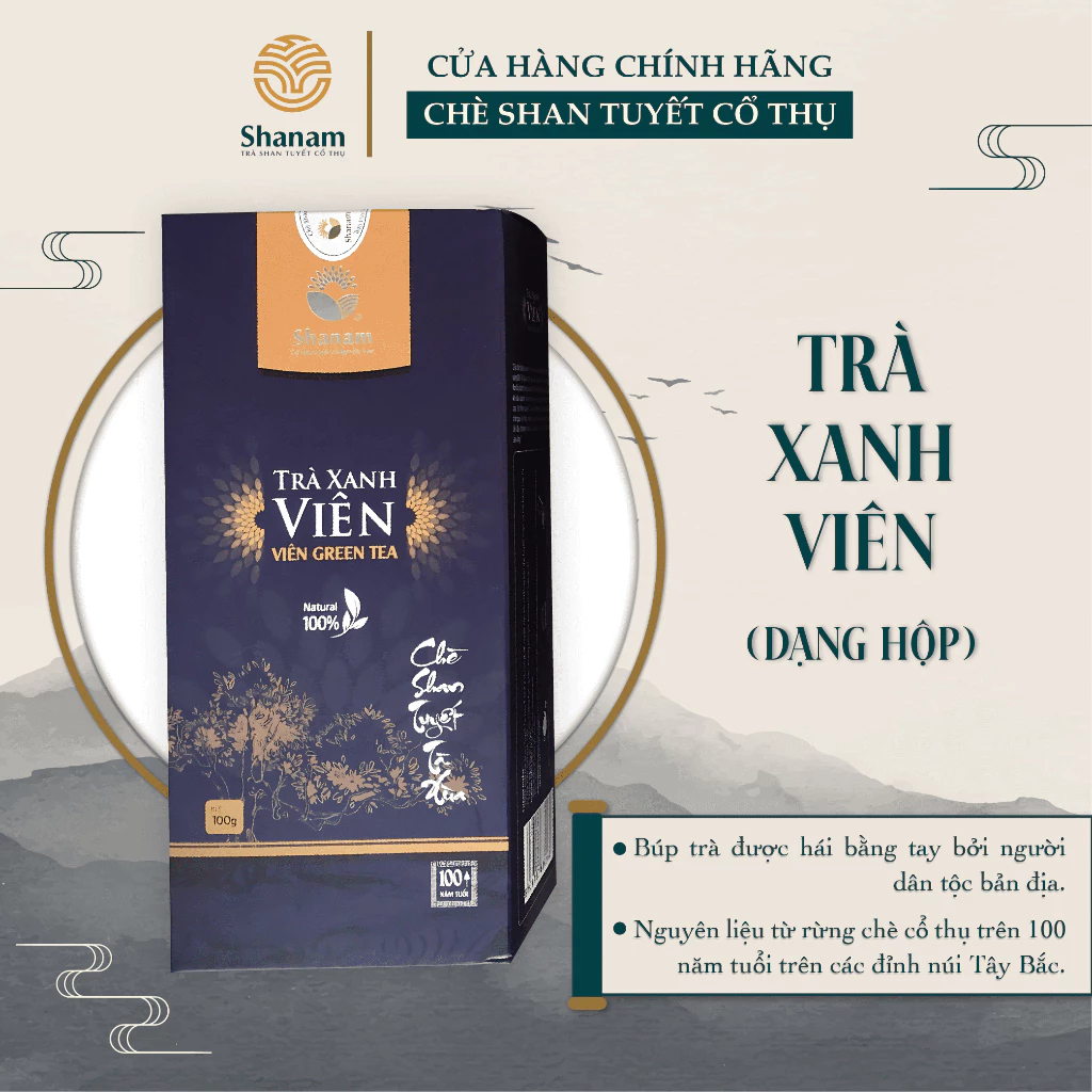 TRÀ XANH VIÊN HỘP 100G (Lục Trà Shan Tuyết Cổ Thụ Tự Nhiên)