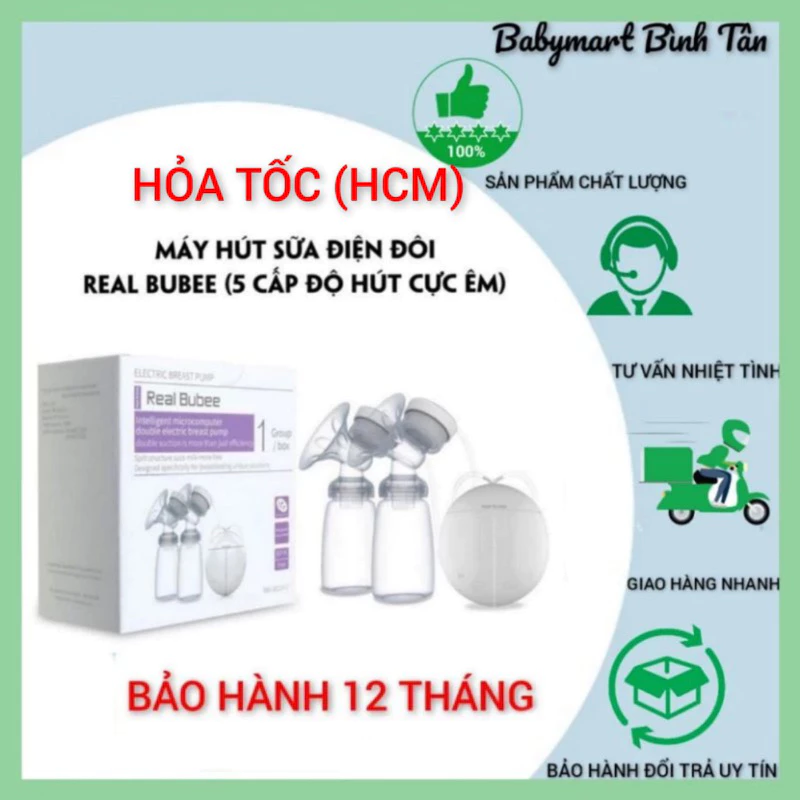 (Hàng xuất Anh) Máy hút sữa điện, máy vắt sữa điện đôi real bubee chính, hút mạnh, có chế độ massage êm ái tiện lợi