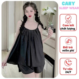 Bộ ngủ 2 dây lụa trơn xếp ly mắc nhà mùa hè thoáng mát dễ thương CARY