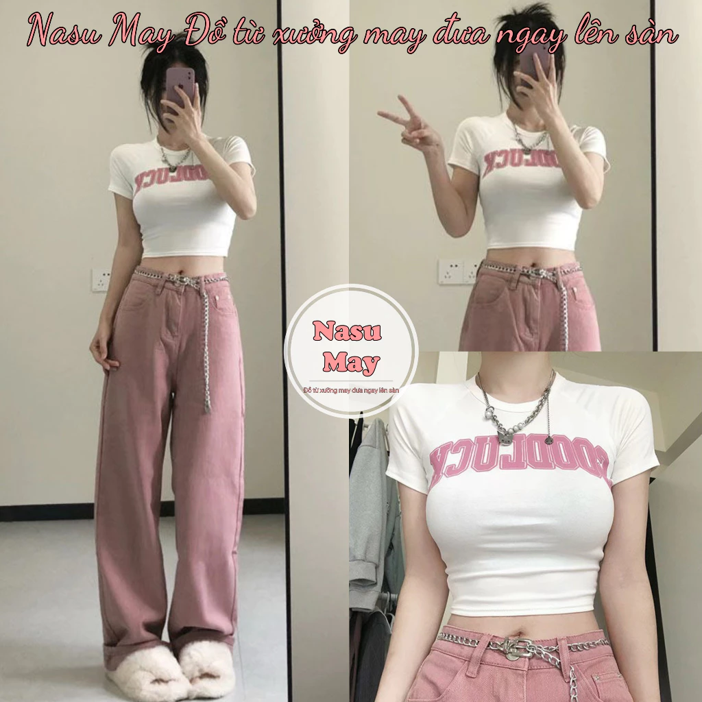 Áo Croptop Goodluck Chữ Hồng nữ màu trắng