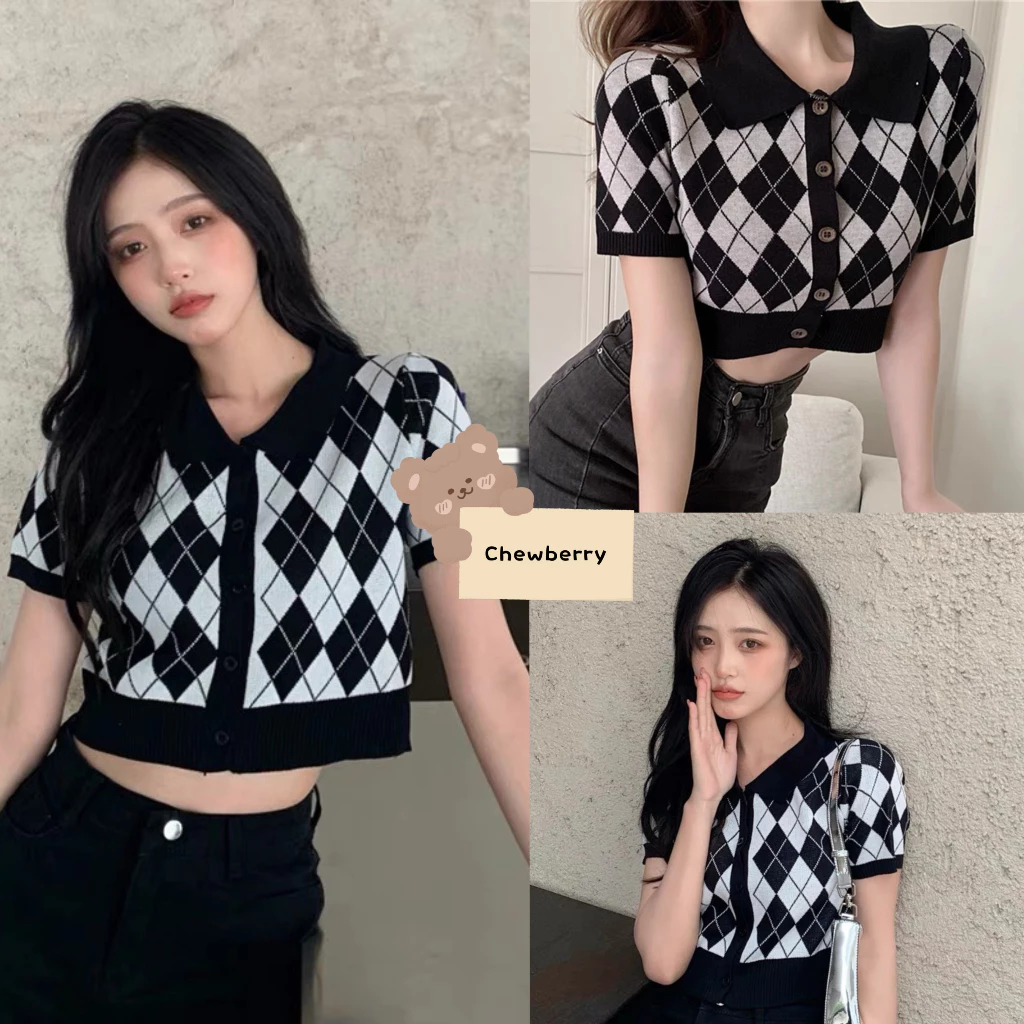 Áo Polo Croptop Kẻ Kim Cương Nữ Ngắn Tay ngắn