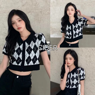 Áo Polo Croptop Kẻ Thoi Đen Trắng, Áo Cổ Bẻ Dáng Ngắn Phong Cách Hàn Quốc ttkingstore