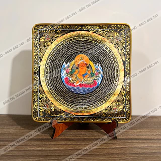 Tranh Hoàng Thần Tài bằng gỗ tráng gương mica 17x17cm để bàn chân gỗ