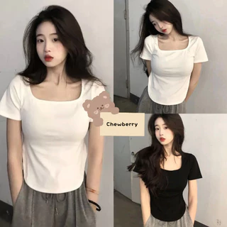 Áo croptop tay ngắn xẻ tà 2 chữ U dành cho nữ hai màu đen trắng