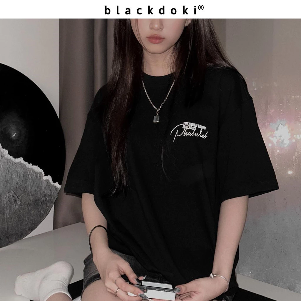 Áo thun nữ PLEASURE form rộng , áo phông basic unisex 260gsm cotton oversize đen BLACKDOKI