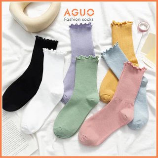 Tất cổ cao bèo nhún nữ chất liệu cotton, kiểu dáng Vitage dễ phối đồ - Aguo Shop