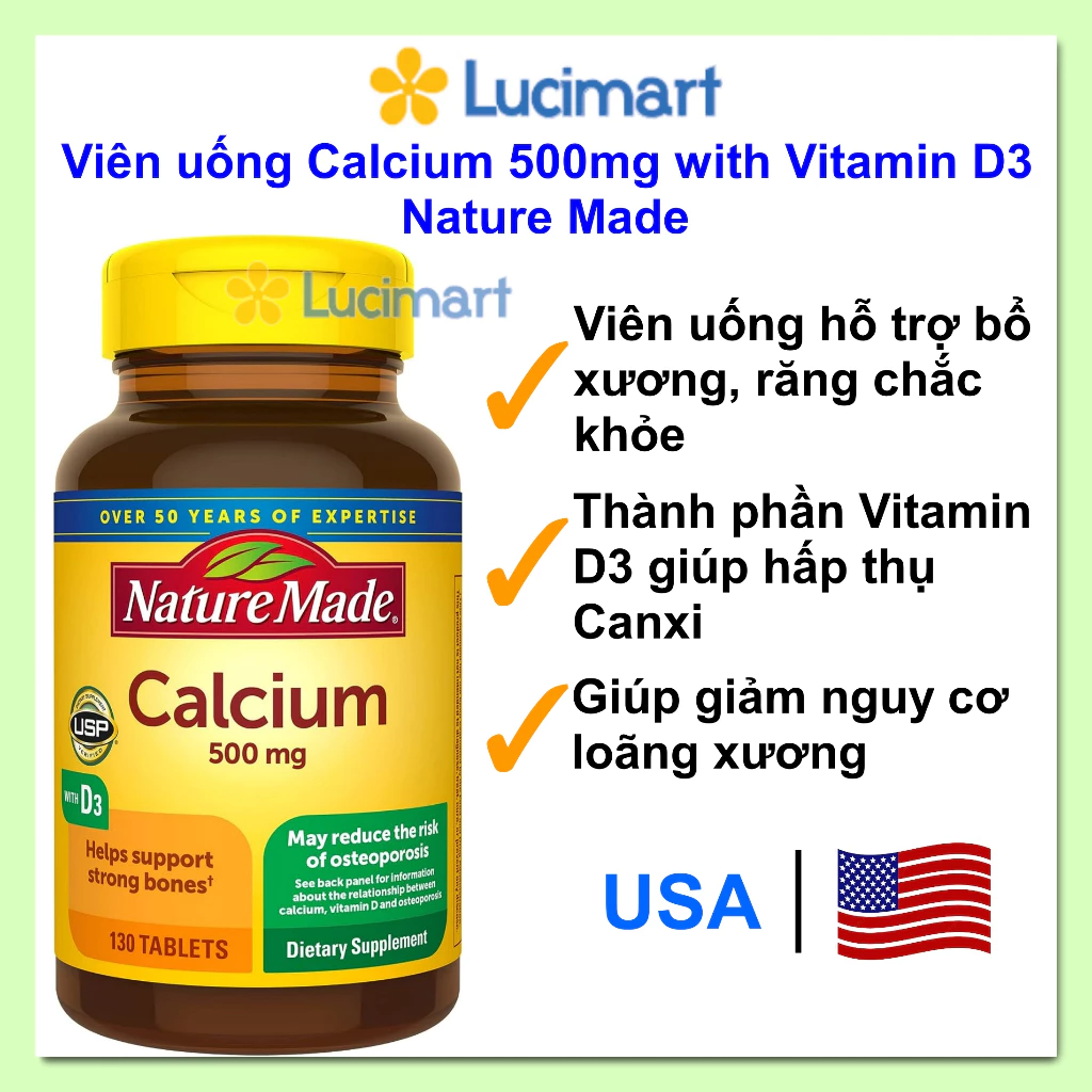 Viên uống Calcium 500mg Nature Made hỗ trợ xương hũ 130 viên [Hàng Mỹ]