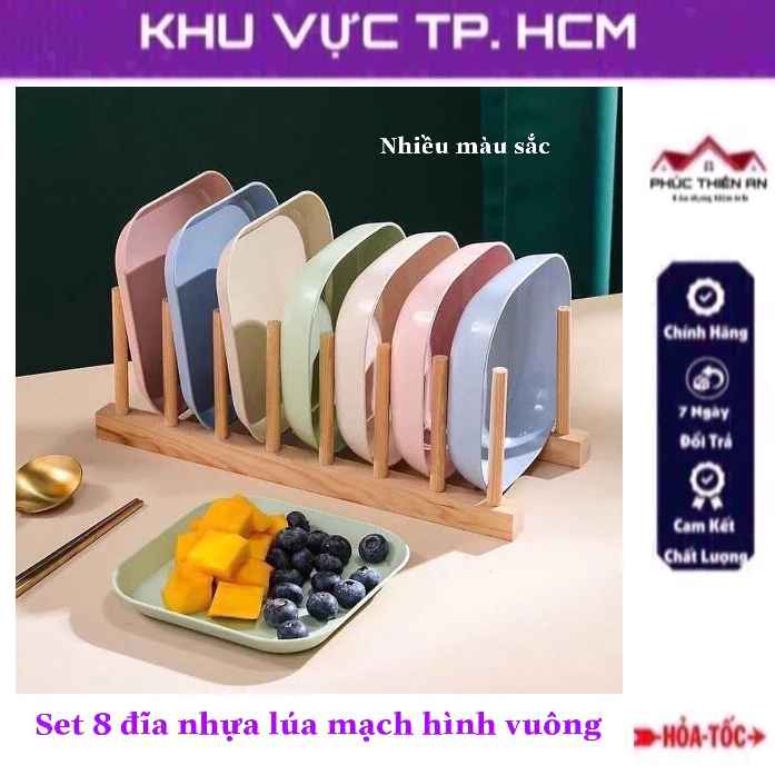 Set 8 đĩa nhựa lúa mạch hình vuông nhiều màu sắc, đựng đồ đa năng