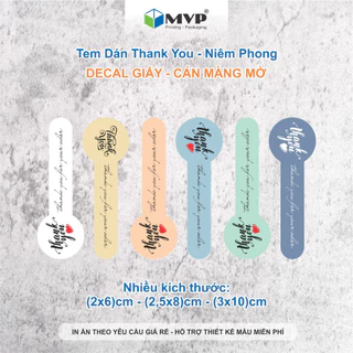 Tem dán thank you dài, tem dán niêm phong chai hộp nhiều màu pastel, Decal giấy cán màng OPP mờ