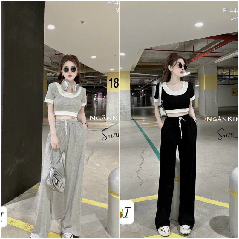 Set đồ nữ thời trang mặc đi chơi áo croptop phối quần dài có túi chất vải thun gân.