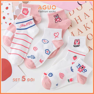 Tất cổ ngắn nữ phong cách Hàn Quốc dễ thương, set vớ 5 đôi cotton - Aguo Shop