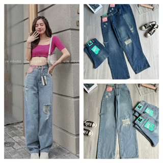 (KÈM VIDEO)Quần  Jeans Nữ Dáng Suông, Quần Bò Nữ Nút Lệch Rách Gối Phối Đai Hồng Siêu Hot