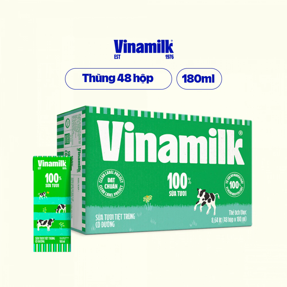 Sữa Tươi Tiệt Trùng 100% Con Bò 180ml [Thùng 48 hộp]