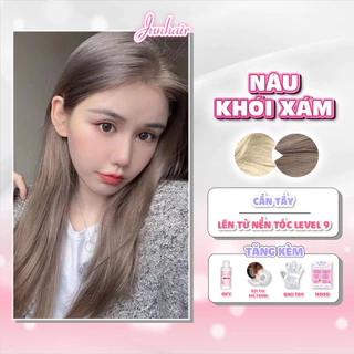 Thuốc nhuộm tóc màu Nâu, thuốc nhuộm tóc màu Nâu Khói Xám, Cần Tẩy JunHair, tặng kèm oxi trợ dưỡng bao trai mũ trùm bịt