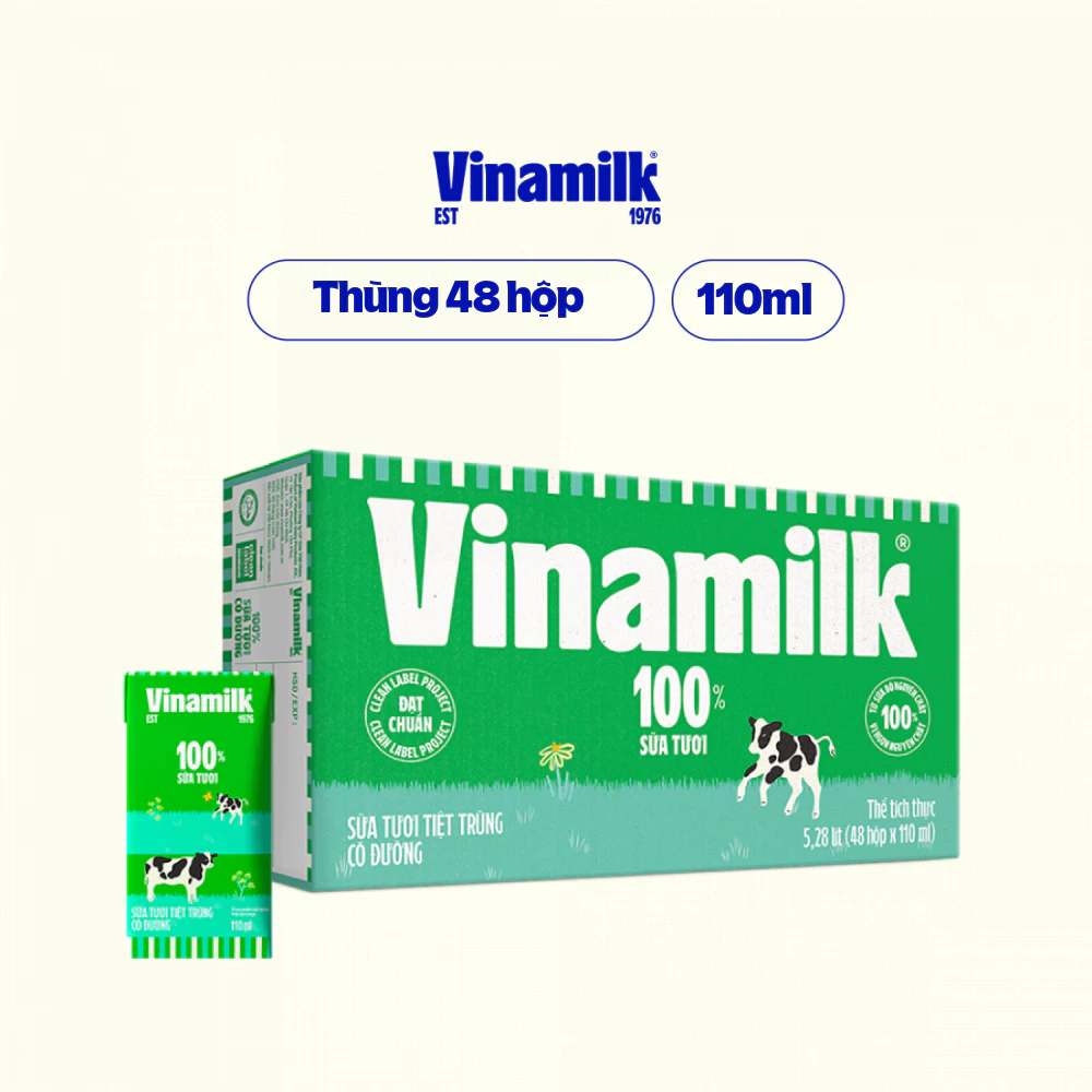 Sữa tươi Vinamilk 100% 110ml có đường/ ít đường Thùng 48 hộp ( Date mới nhất )...