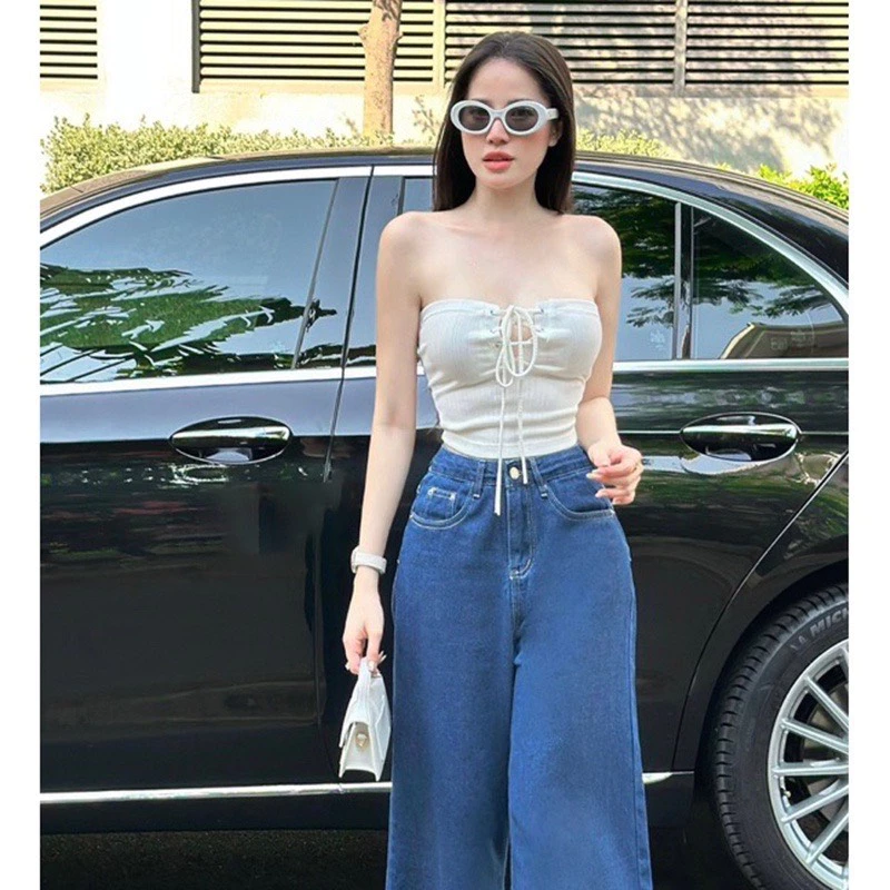 Áo ống quây vạt bầu dây đan chéo THUNCA.STORE, áo croptop đan dây sexy A353