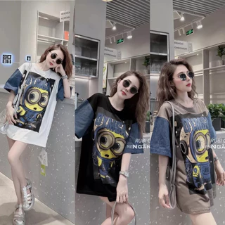 Áo thun nữ tay lỡ chất cotton khô 3158 (túi zip) tay phối bò MINION phong cách Hàn Quốc HALUSA M951