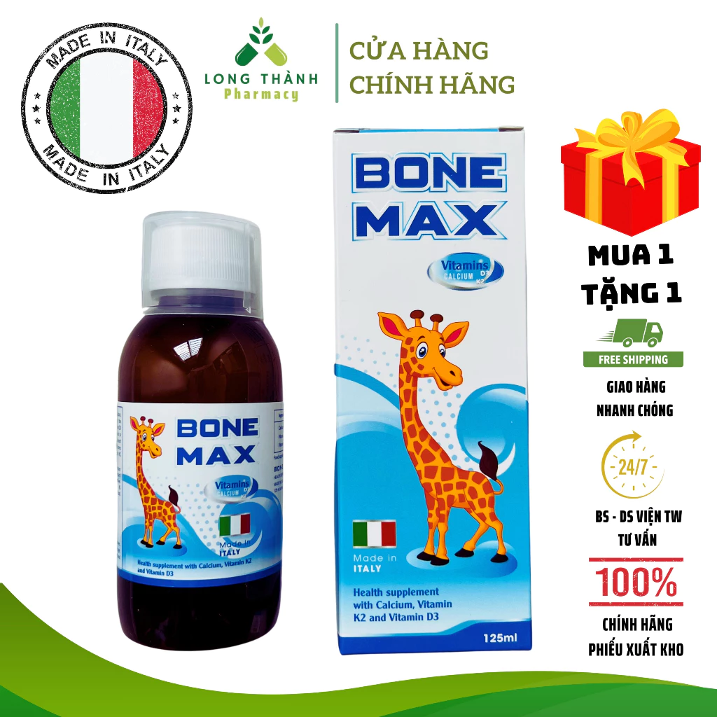 Canxi hữu cơ Bone Max (Italy) - Hỗ trợ bổ sung Canxi, Vitamin D3, Vitamin K2 giúp xương và răng chắc khỏe (Lọ 125ml)