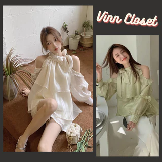 Áo sơ mi tơ óng lụa 2 lớp cao cấp thiết kể hở vai phối nơ bánh bèo SA41 Vinn_Closet