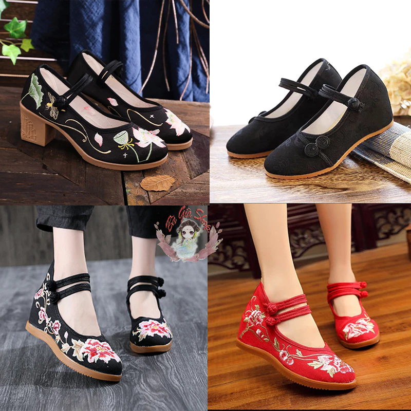 Giày thêu vải cổ trang đế cao 6-9cm