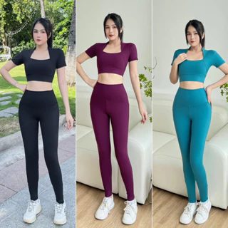 Đồ tập gym nữ, đồ tập yoga aerobic áo croptop kèm mút quần dài cạp cao chất vải thun lạnh co giãn D01