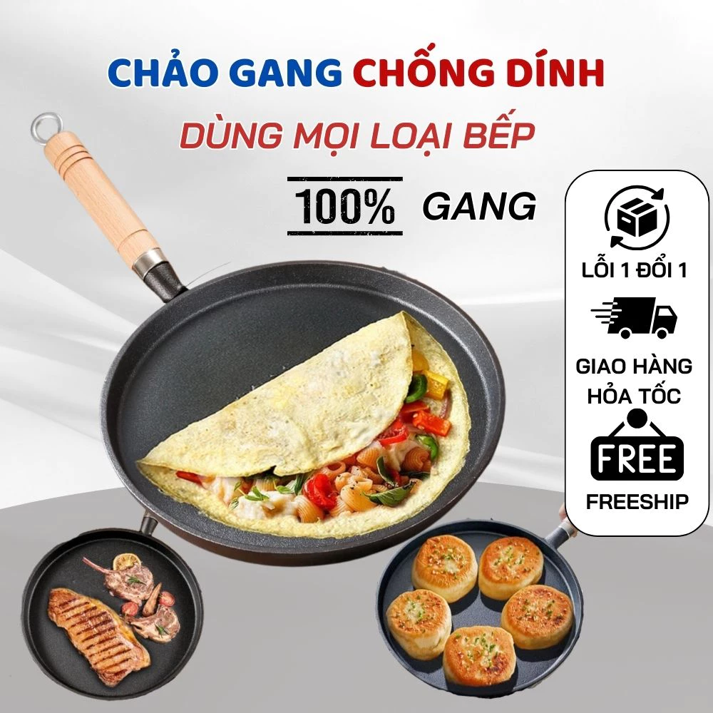 ( DÙNG MỌI LOẠI BẾP ) Chảo Gang Làm Bánh Chống Dính, Chảo Gang Bánh Xèo, Chảo Rán Chống Dính Size 20cm Dùng Được Bếp Từ