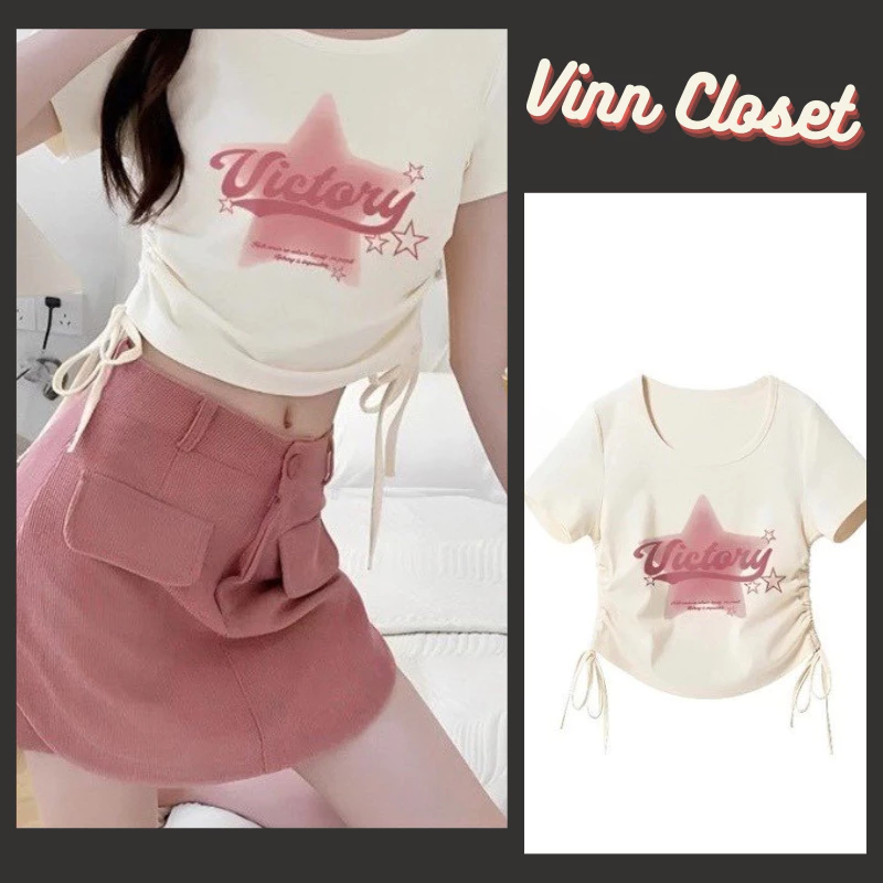 Áo thun baby tee,áo croptop nữ rút dây 2 bên ngắn tay cổ tròn dáng ôm body chất bozip co giãn hàng đẹp SA220 Vinn_Closet