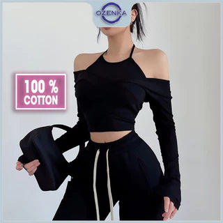 Áo croptop tay dài cổ yếm trễ vai ôm body cotton Ozenka , crt 3 lớp kiểu gợi cảm tôn dáng màu trơn đen trắng