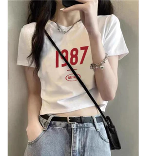 Áo croptop ôm body tay ngắn cổ tròn in số 1987 H14