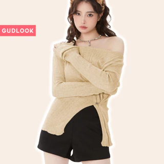 Áo Thun Trễ Vai GUDLOOK Dài Tay Xẻ Tà Cài Cúc Eo Ôm Dáng