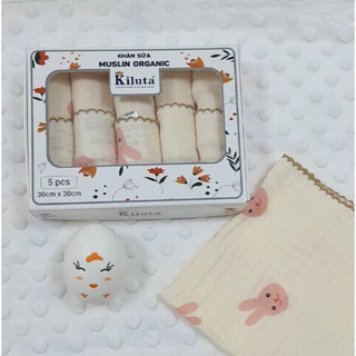 Hộp 5 khăn sữa cho bé 2 lớp chất vải Muslin Organic cao cấp, mềm mịn, thấm hút tốt, an toàn cho trẻ KT 30x30cm