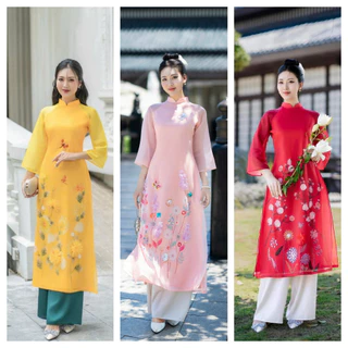 Áo dài cách tân Mộc Trà thêu hoa nổi vải tơ Organza 4 tà