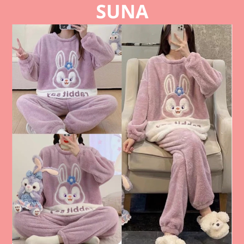 Bộ ngủ lông cừu 2 mặt mượt mà thêu thỏ tím Rabbit form rộng ấm áp, Set đồ mặc nhà Áo lông gấu dễ thương hàn quốc, SUNA