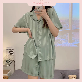 [Nhiều màu] Bộ Pijama, đồ ngủ nữ cộc tay lụa sọc cao cấp, thiết kế sang chảnh thời thượng theo phong cách Hàn Quốc