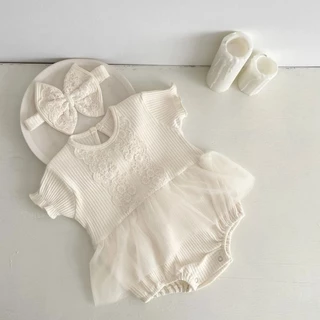 Áo liền quần, bodysuit thun tăm phối ren kèm tuban cho bé gái