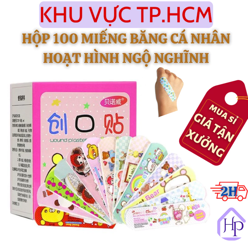 (Siêu Rẻ) Hộp 100 miếng băng cá nhân hoạt hình ngộ nghĩnh, băng cá nhân chống nhiễm trùng vết thương họa tiết đẹp mắt