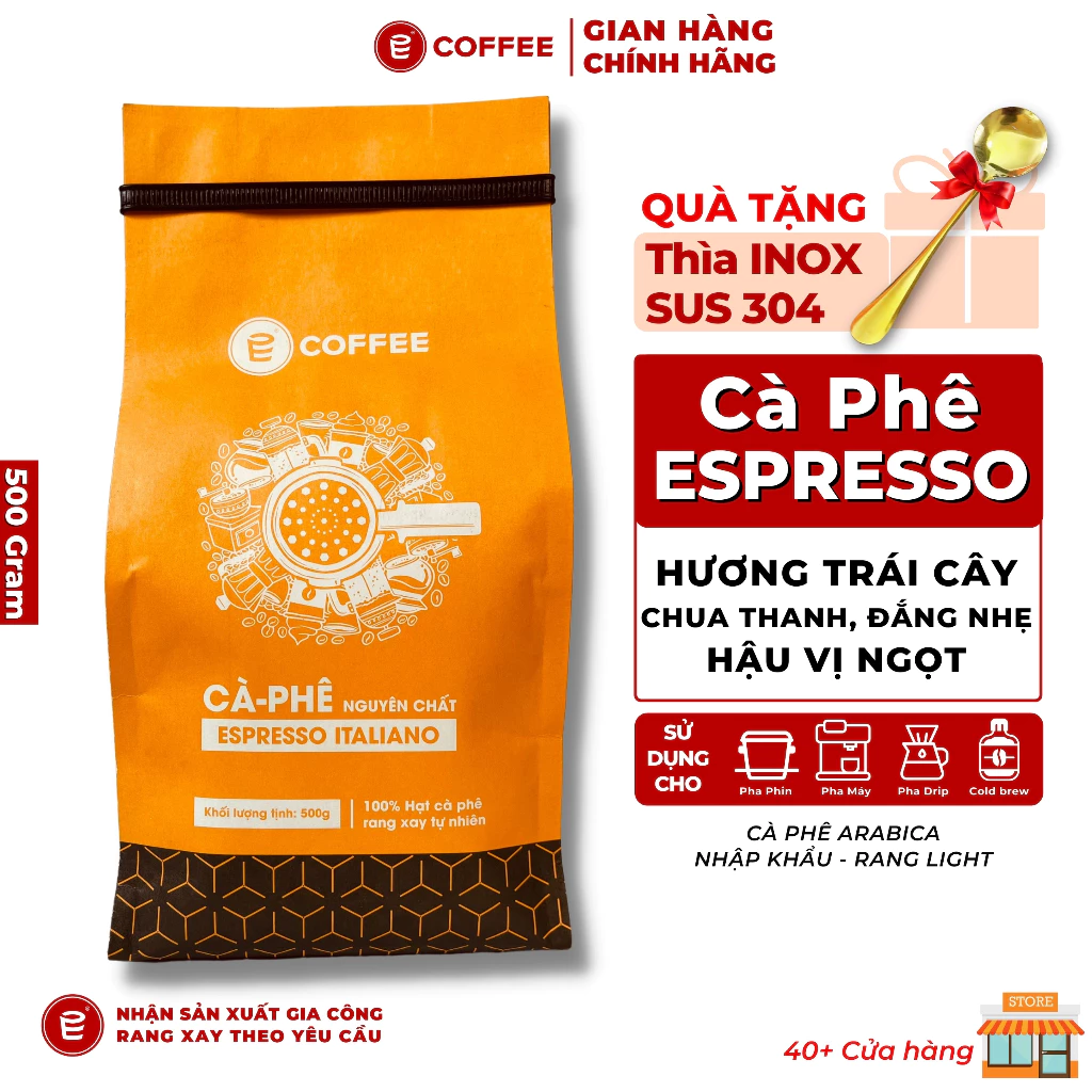 Cà phê Espresso italiano 100% hạt cafe Arabica Specialty hương trái cây khô hậu vị ngọt từ E-Coffee