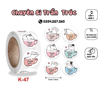 Cuộn 500 tem mèo ngồi trên cốc cute 2.5cm, sticker, tem thank you, tem dán chai nhựa, hủ nhựa- trần trúc